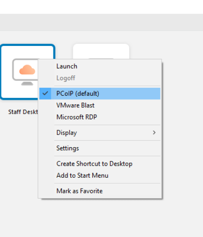 PCoIP setting on right-click